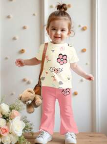 Happikins Cute Heart & Flower Pattern Baby Girl Casual Simple Short Sleeve Crew Neck T-Shirt & Bell-Bottom Pants Set, Suitable For Spring/Summer - Multicolor - View 3