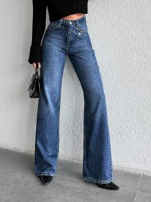 EURMUSE Màu thuần Thắt lưng rộng Quần jean Straight - Rửa trung bình - Xem 1