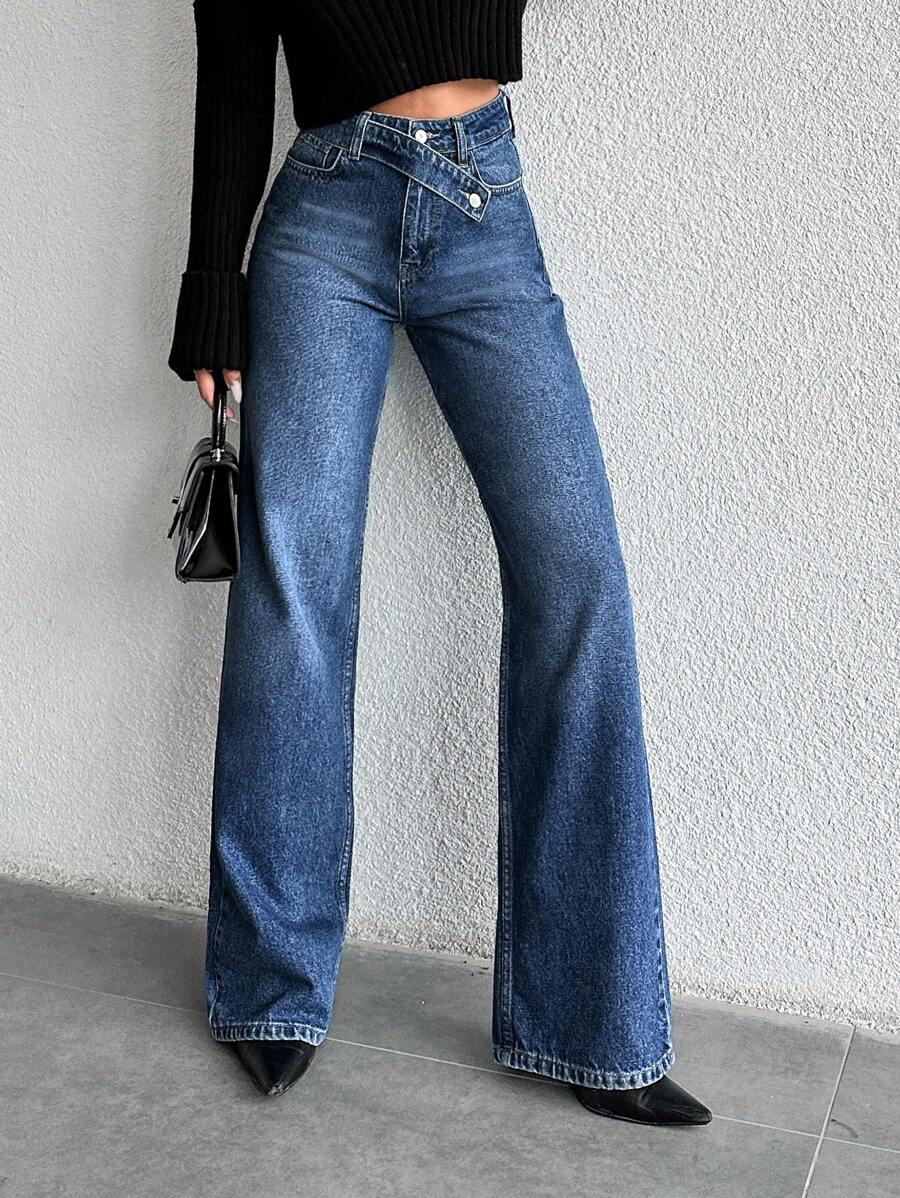 EURMUSE Màu thuần Thắt lưng rộng Quần jean Straight - Rửa trung bình - Xem 1