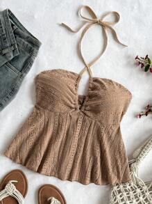 Soleia Women's Brown Textured V-Neck Casual Halter Neck Vacation Top