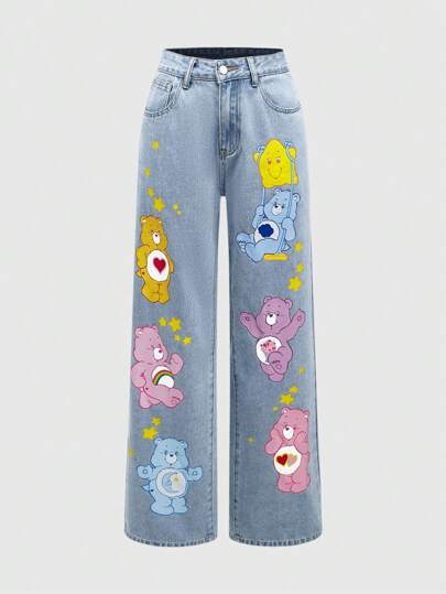 ROMWE X Care Bears Jeans avec poche en biais et imprimé ours de dessin animé pour femmes