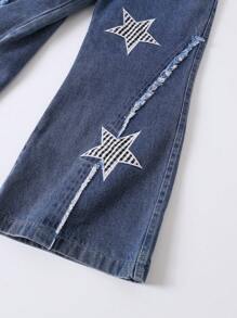 SHEIN 2pcs/Set Young Girls Elegant Five Star Print Round Neck Crop Top With Belt & Pockets Denim Long Pants Outfit - Black - View 7