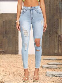 Breezaya Women's Vintage Casual Distressed Fit Jeans - Blue - View 4