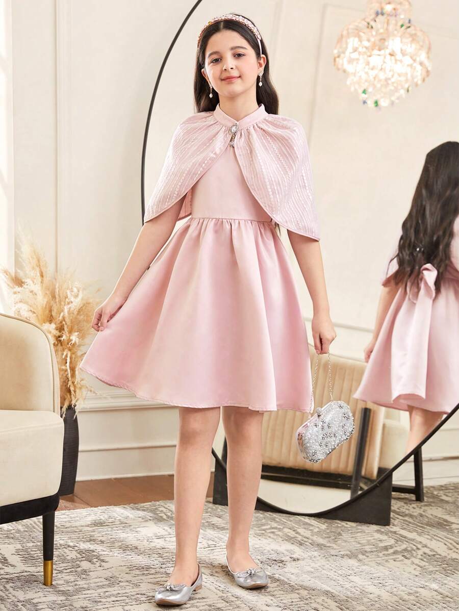 SHEIN 青少年女孩度假复古风格圆领无袖后背 V 领连衣裙，配有圆领披肩 - 藕粉色 - 查看 1