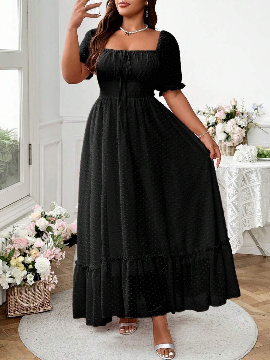 Flirla Plus Size Sweet Romantic Pink Square Neck Bowknot Ruffle Hem Long Dress Easter Wear - Black - View 1