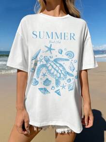 Tseoso 超大宽松休闲海滩度假海洋生物海龟印花 T 恤，柔软 50% 棉，非常适合夏季度假