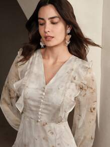 Anewsta 春季、优雅、度假、节日、假日女士度假风格 V 领荷叶边时尚花卉印花连衣裙长款女装 - 咖啡 - 查看 4