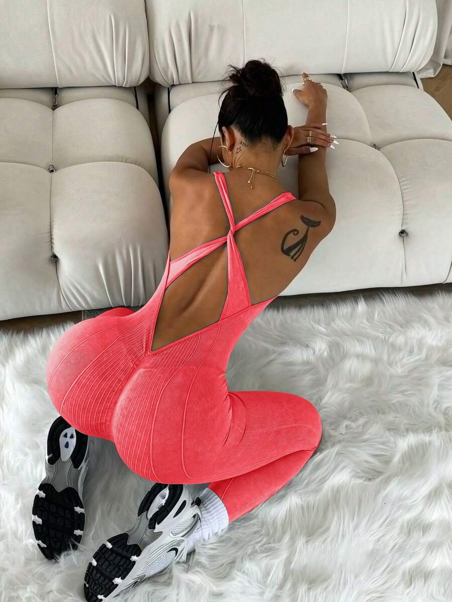 Dewbera Solid Color Criss-Cross Backless Jumpsuit, Minimalist And Fashionable Design, Suitable For Summer - Red Orange - View 1