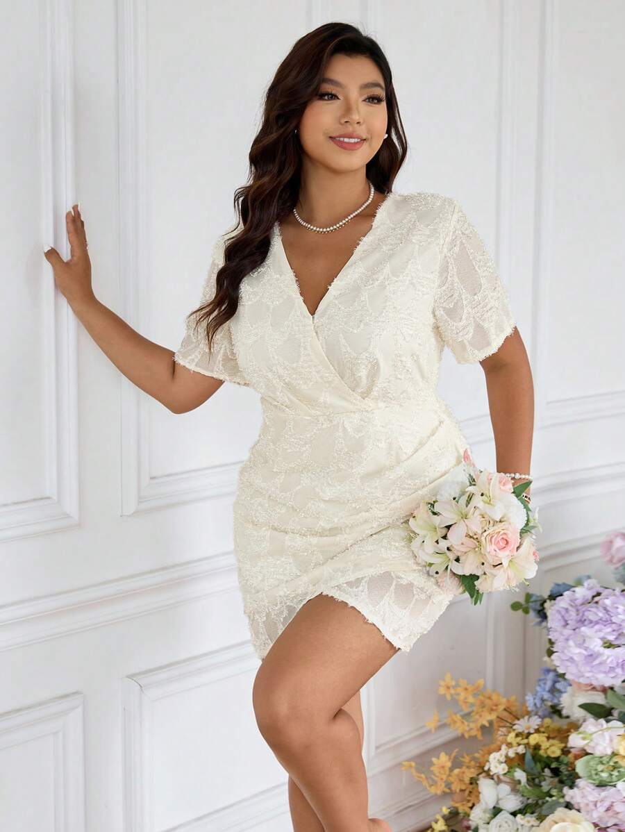 SHEIN Frenchy Plus Size Elegant Solid Color Textured Wrap Fitted Dress - Apricot - View 1