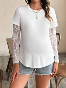 SHEIN Mutterschafts Einfarbiges Spitzen Patchwork 2 in 1 T-Shirt