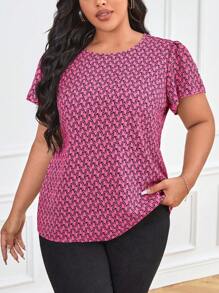 SHEIN LUNE 大码休闲全印花泡泡袖衬衫，夏季