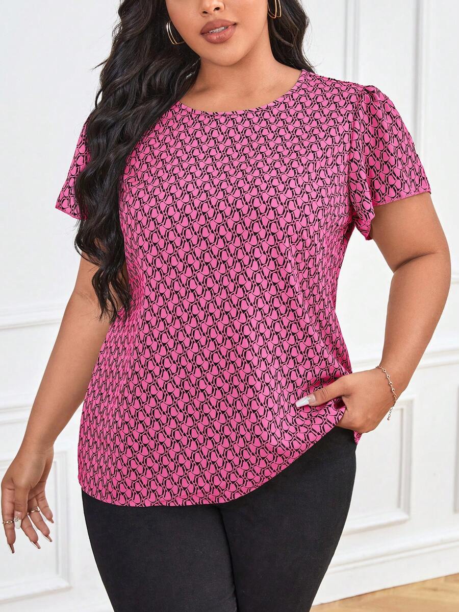 SHEIN LUNE 大码休闲全印花泡泡袖衬衫，夏季