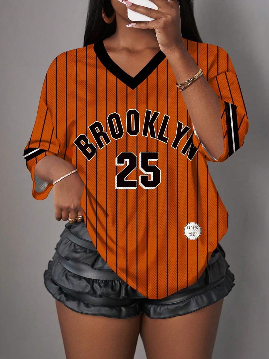 Slaydiva Casual Minimalist Letter & Number Graphic Orange Striped Brooklyn Print T-Shirt, Suitable For Women In Summer, Sports, Fitness - Multicolor - View 1