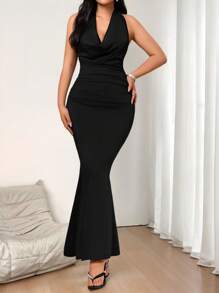 SHEIN Tall Vestido de punto ajustado con escote de halter y silueta de sirena, en unicolor, para primavera/verano - Negro - Ver 3