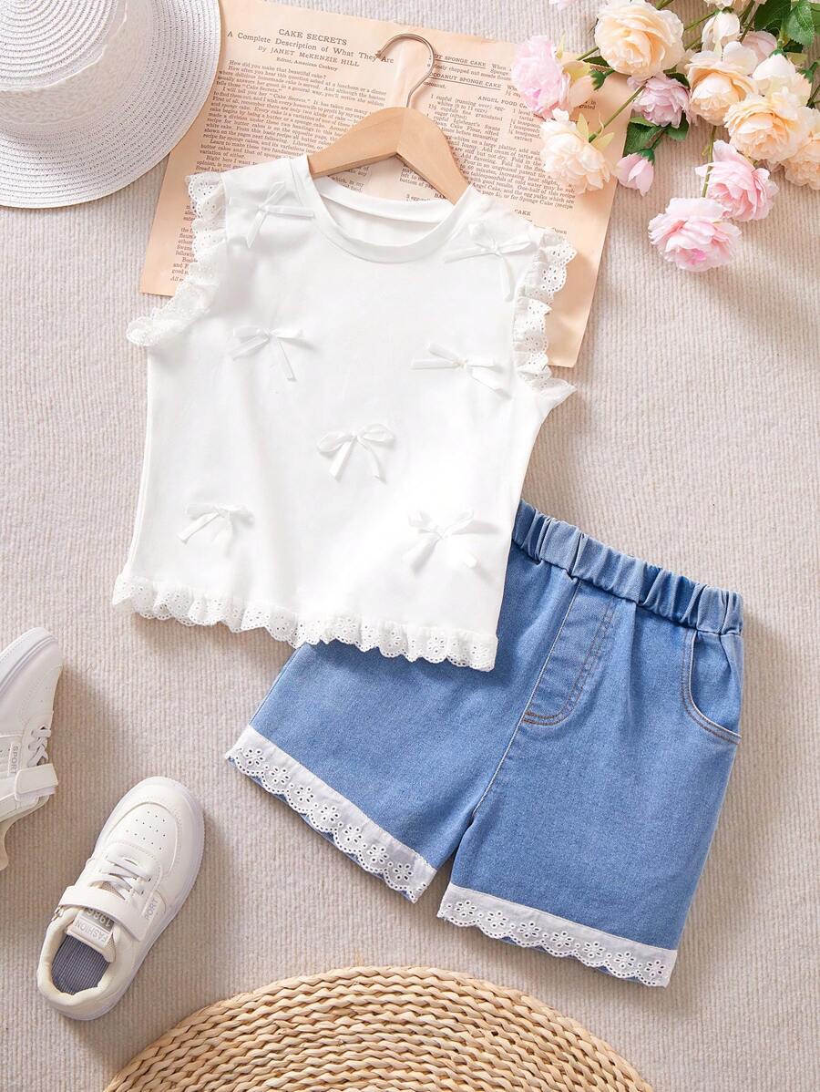2pcs/Set Tween Girl Bowknot Top With Ruffle Detail & Denim Shorts With Ruffle Trim - Multicolor - View 1