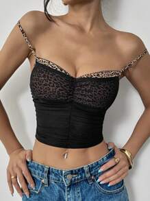 SHEIN Essnce Top canotta in rete con stampa leopardata e orlo arricciato, top da donna alla moda e sexy con stampa leopardata e inserti in rete - nero - Visualizzare 7