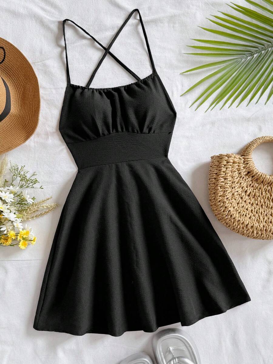 SHEIN WYWH Đầm đen hở lưng mini dây chéo đỏ gợi cảm - màu đen - Xem 1