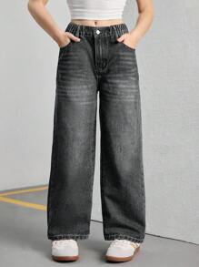 SHEIN Streetcool Tween Girl 复古宽松阔腿牛仔裤，休闲直筒牛仔裤 - 灰色 - 查看 3