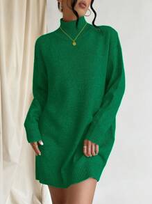 EURMUSE Turtleneck Solid Color Sweater Dress (belt Not Included) - Green - View 4