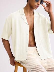 SHEIN Forever 21 男士绿色泡泡纱宽松大码短款衬衫