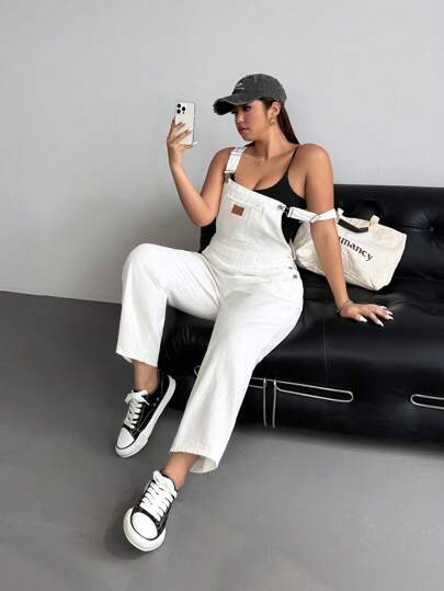 SHEIN ICON Bộ đồ liền thân denim rách thường ngày cỡ lớn có dây đeo cho nữ