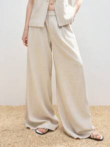 LYSMO 女士纯色褶皱阔腿宽松休闲裤，百搭 - 杏色 - 查看 4