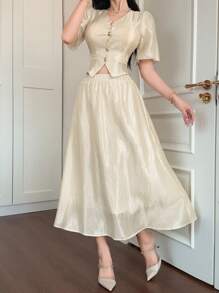 DAZY Set de 2 piezas para mujer: Blusa de manga abullonada con textura de unicolor y falda