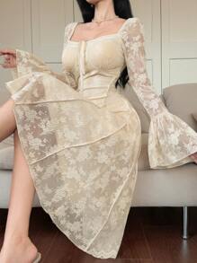 DAZY 女士中长蕾丝喇叭袖连衣裙，荷叶边，正式女士连衣裙，秋季连衣裙，长袖连衣裙，舞会礼服，优雅女士连衣裙 - 杏色 - 查看 6