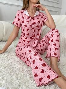 SHEIN Conjunto de pijama de mujer con pajarita, estampado de corazón, manga corta y pantalón largo
