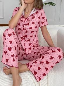 SHEIN Conjunto de pijama de mujer con pajarita, estampado de corazón, manga corta y pantalón largo