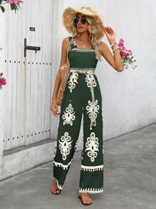 Breezaya 女士拼色印花连体裤，适合度假和休闲穿着 - 墨綠色 - 查看 4