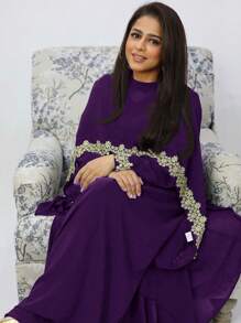 Modelyn Plus Size Women Arabic Style 2pcs Set : Applique Contrast Color Cape Jacket & Dress, Modest