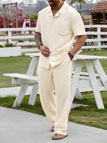 ResortEase Plus Size Men Solid Color Short Sleeve Single-Breasted Shirt And Shorts Casual Suit Men Summer Clothes Men Shirt Co Ords Outfits For Men Men Shirt Co Ords Men 2 Pieces Linen Summer Outfits For Men Men Shirt Co Ords Matching Sets Men Men Shirt Co Ords, Cream Outfit Men