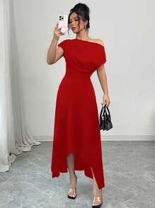 Elenzga 女士夏装，斜肩短袖，前褶上衣设计，不对称下摆前短后长，梭织面料，日常休闲百搭风格