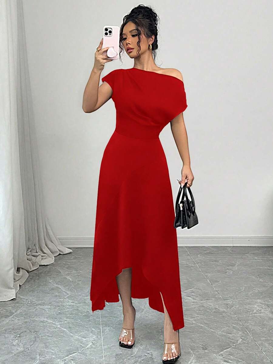 Elenzga 女士夏装，斜肩短袖，前褶上衣设计，不对称下摆前短后长，梭织面料，日常休闲百搭风格