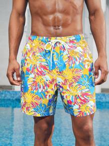 Manfinity Men's Tropical Plant Print Drawstring Waist Loose Beach Shorts - Multicolor - View 4
