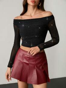 SHEIN Tall 女士闪亮船领派对性感单肩 T 恤上衣 - 黑色 - 查看 4