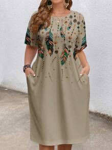 EMERY ROSE Plus Size Gold Sequin Feather Print Dress Boho Suitable For Going Out Chic Dress,Spring/Summer/Vacation - Apricot - View 3