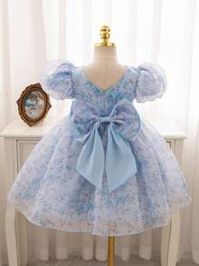SHEIN Glamorique Kids Mother's Day Gift Mommy And Me Outfits Flower Girl Birthday Party Wedding Festival Dress Girls' Princess Dress After Fortune Double Layer Big Bow Chiffon Blue Floral Dress Suitable For Stage Steel Performance Hosting Attending Parties Or Special Events Taking Artistic Photos To Make It Natural And Beautiful Four Seasons Frequently Wearing Europe And America - Blue - View 2