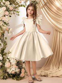 SHEIN Tween Girls' Luxurious Pearl Beaded Puff Sleeve Satin Dress, Filipiniana Terno - Apricot - View 6