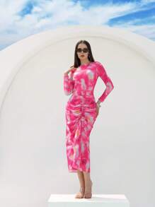 Swim Shayni 3pcs/Set Women's New Printed Long Sleeve Crop Pants And Maxi Dress Beach Cover Up Set - Multicolor - View 1