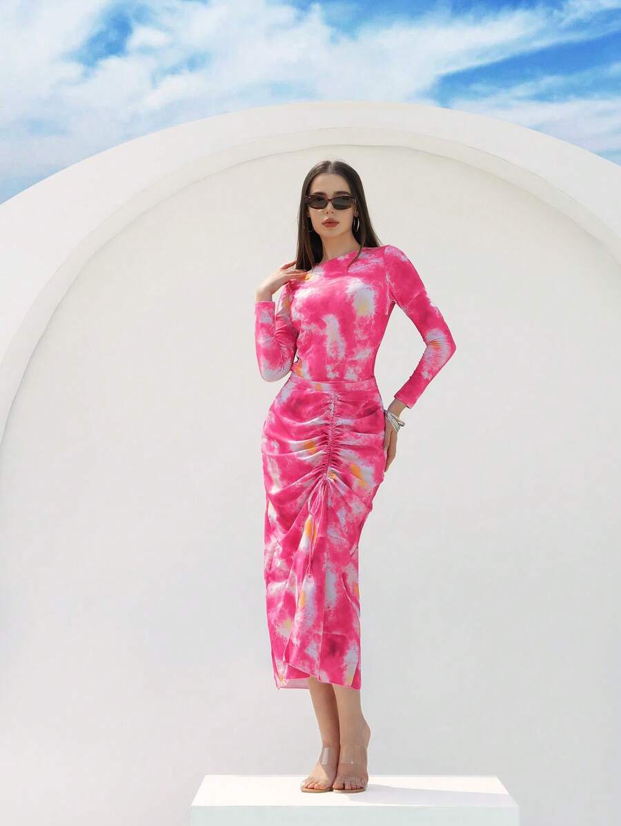 Swim Shayni 3pcs/Set Women's New Printed Long Sleeve Crop Pants And Maxi Dress Beach Cover Up Set - Multicolor - View 1