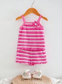 Cozy Pixies Baby Girl Colorful Striped Camisole Top And Elastic Waist Shorts 2pcs Set