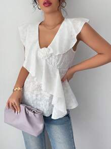 Elenzga Women French Style Floral Embroidery Cut-Out Cap Sleeve Asymmetrical Hem Fitted White Blouse, Summer - White - View 5