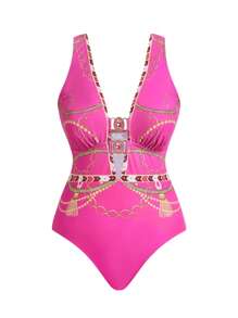 Swim Oasis 2 件大码女式数码印花无袖泳衣套装，配有一体式系带迷你裙，适合海滩和度假