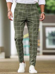Manfinity Homme Men's Casual Plaid Tapered Suit Pants, Men Green Checkered Olive For Ceremony Formal - Multicolor - View 3