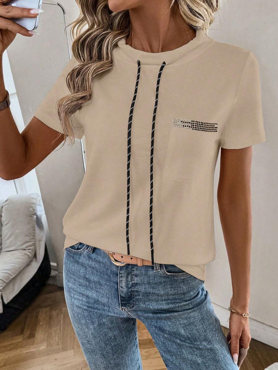 EMERY ROSE Women Drawstring Short Sleeve Pocket Casual T-Shirt - Khaki - View 1