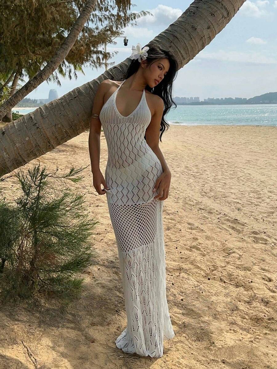 Aloruh 女式长款钩针镂空露背紧身针织鱼尾白色连衣裙，春夏
