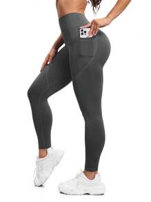 Easithlete Mallas de ejercicio sin costuras con alta elasticidad y bolsillos, pantalones de yoga para mujeres - Gris Oscuro - Ver 6