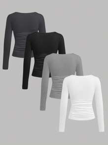 SHEIN 4pcs Tween Girl Casual Solid Color Comfortable Square Neck Long Sleeve T-Shirt Set